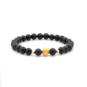 18K Gold Money Ball Lucky Charm Beads Bracelet Gemstones Black Onyx 6mm